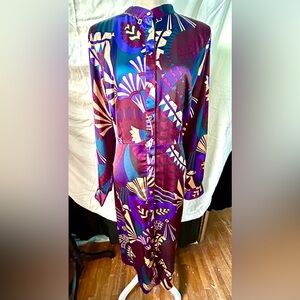Ann Taylor Burgundy, Purple Multi Abstract Long Sleeve Maxi Shirt Dress, Size 14